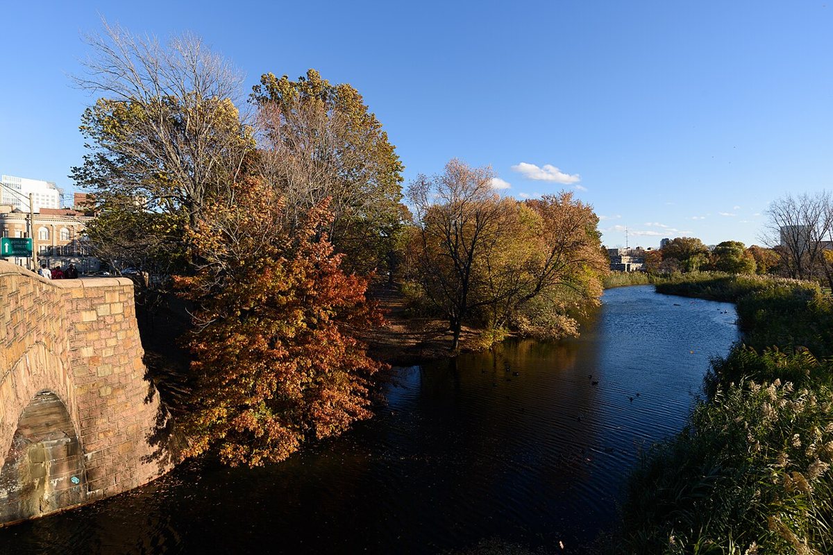 A stone bridge over the Muddy River in the Back Bay Fens in Boston
