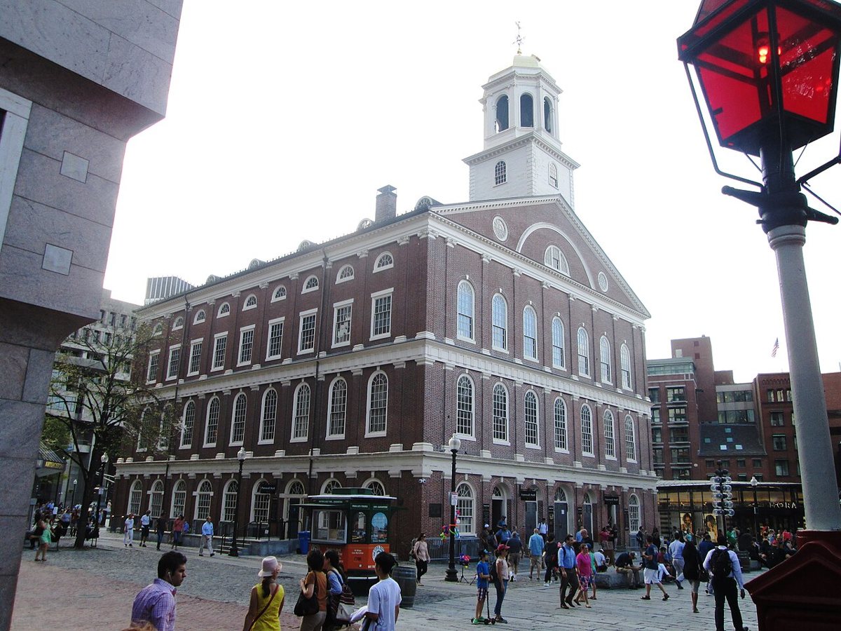 Faneuil Hall Marketplace with its colonnaded Quincy Market building and crowds in Boston