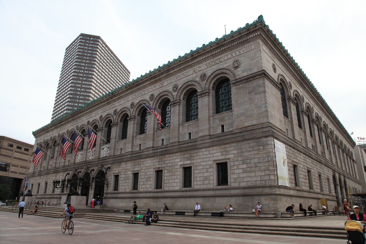 Boston Public Library McKim building courtyard and reading room in Copley Square