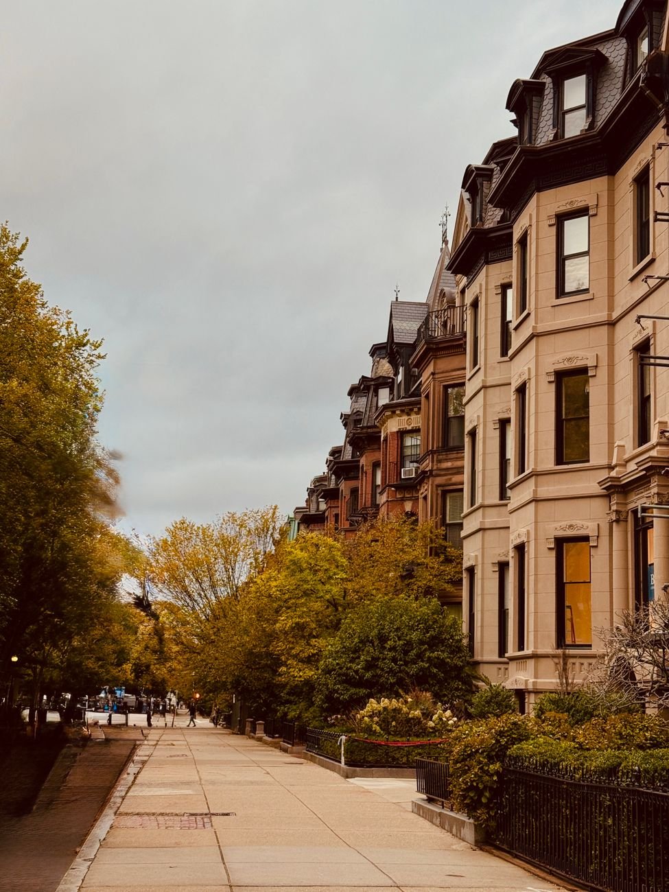 A brownstone-lined street in Boston's South End near the SoWa district