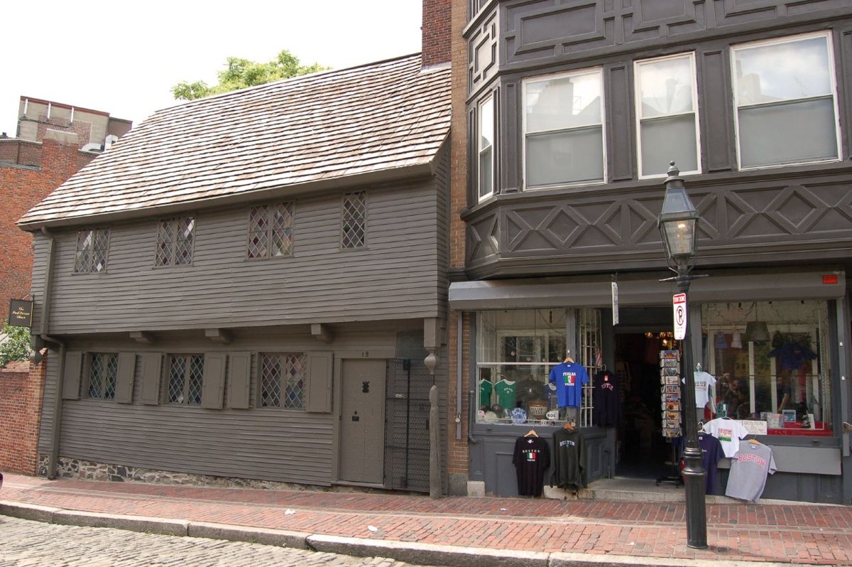 weathered clapboard Paul Revere House on North Square in Boston's North End