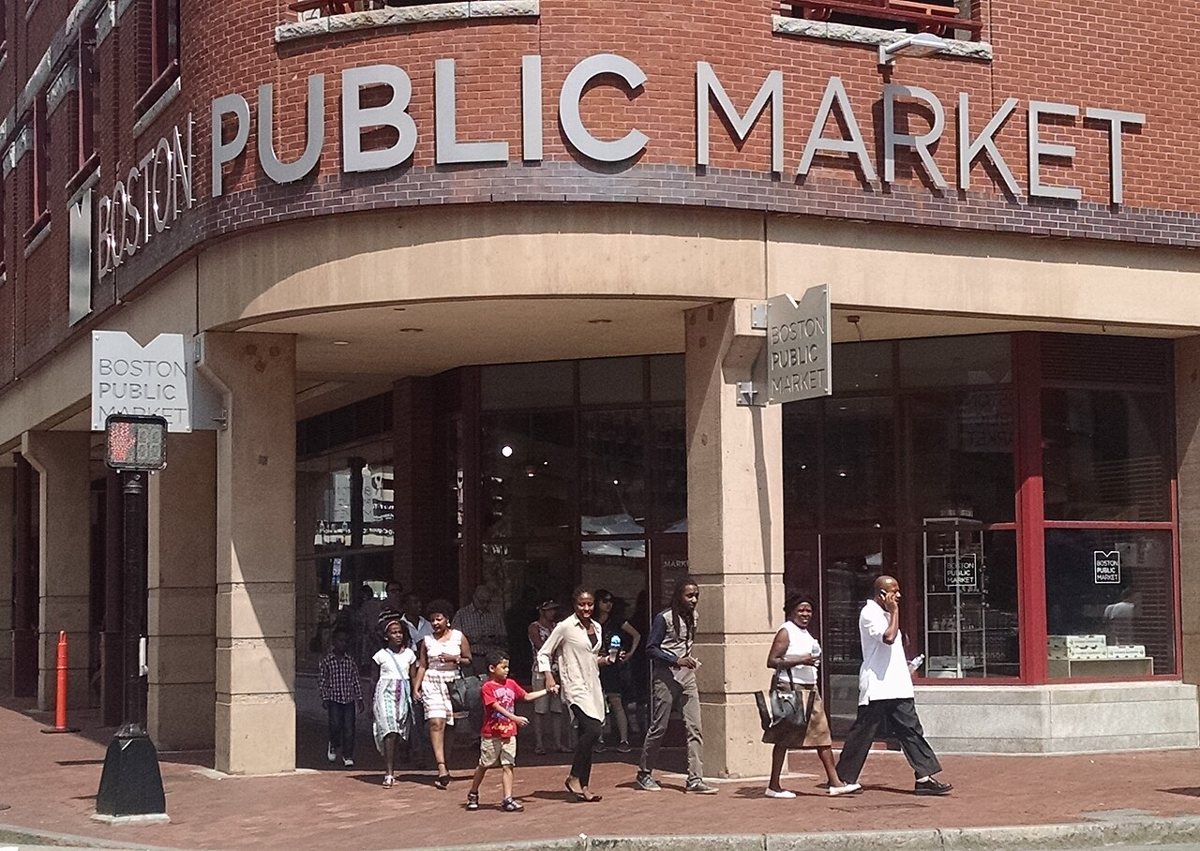 indoor stalls of local vendors at the Boston Public Market near Haymarket
