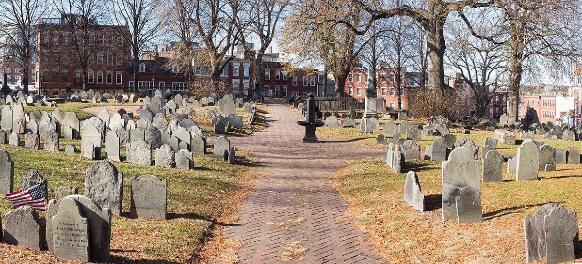 colonial slate headstones at Copp's Hill Burying Ground overlooking the harbor