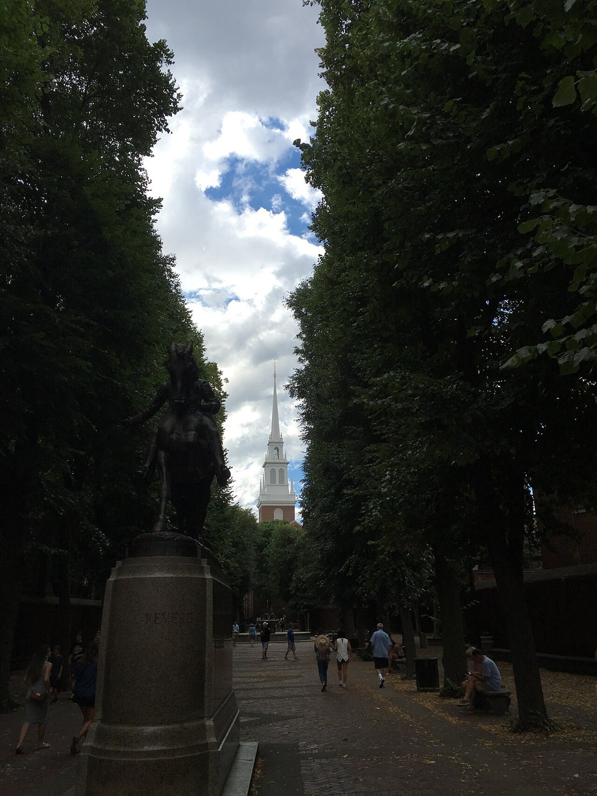 equestrian statue of Paul Revere in the Prado connecting to Old North Church