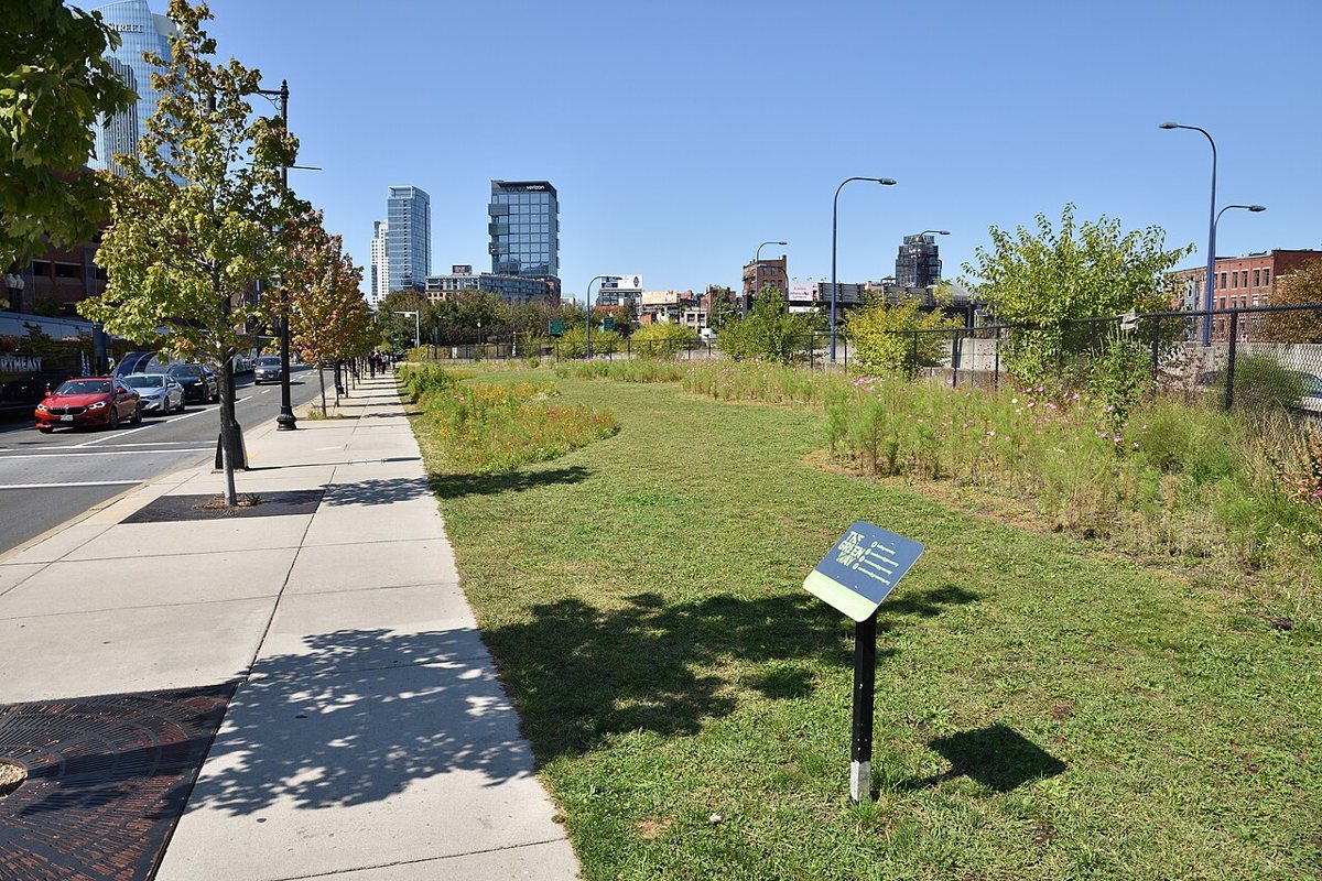 garden paths and public art along the Rose Kennedy Greenway bordering the North End