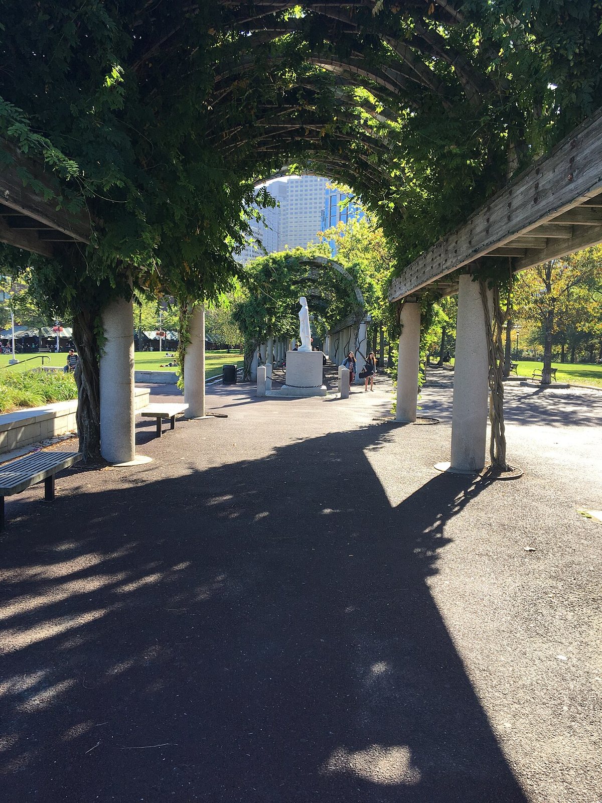 harbor view and pergola at Christopher Columbus Waterfront Park along the North End waterfront